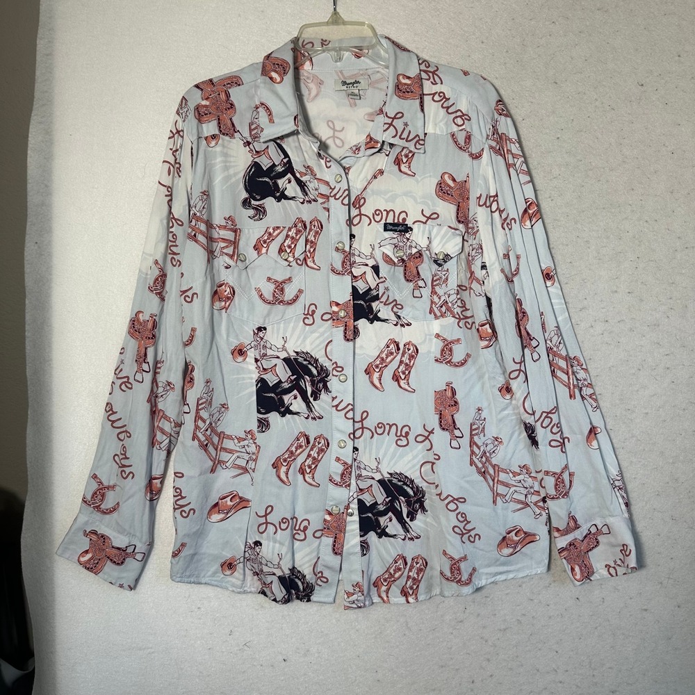 Wrangler Retro Womens XL Western Snap Shirt Blue Long Live Cowboys Rayon Print